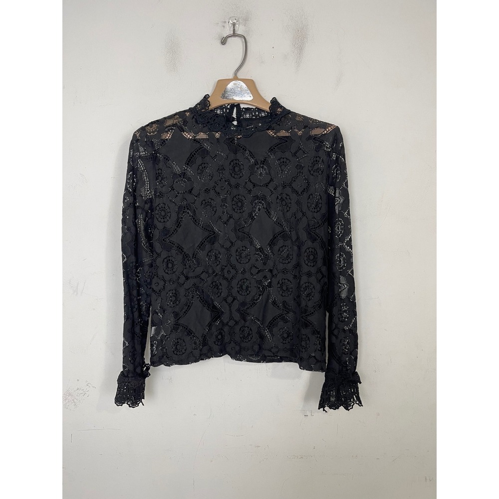 Black Floral Lace High Neck Blouse Long Sleeve Sheer Top Small Goth Emo Scene